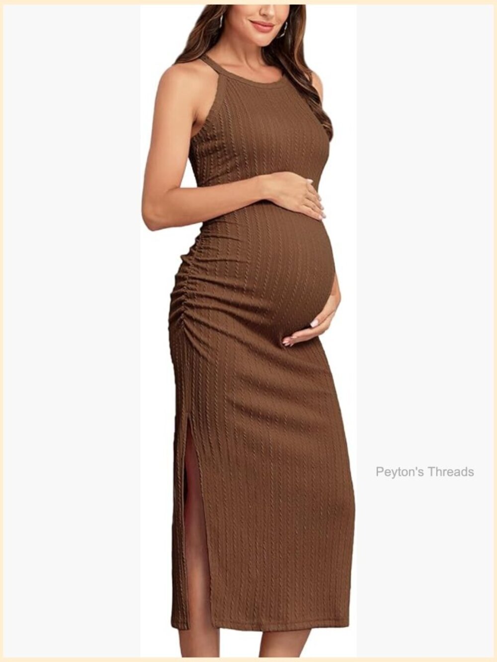 Ribbed Maternity Bodycon Dress Sleeveless Halter Ruched Slit Long Baby Shower